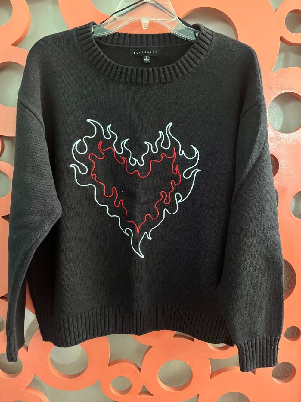 Blue Blush Black Sweater with Red & White Heart Design – Size S